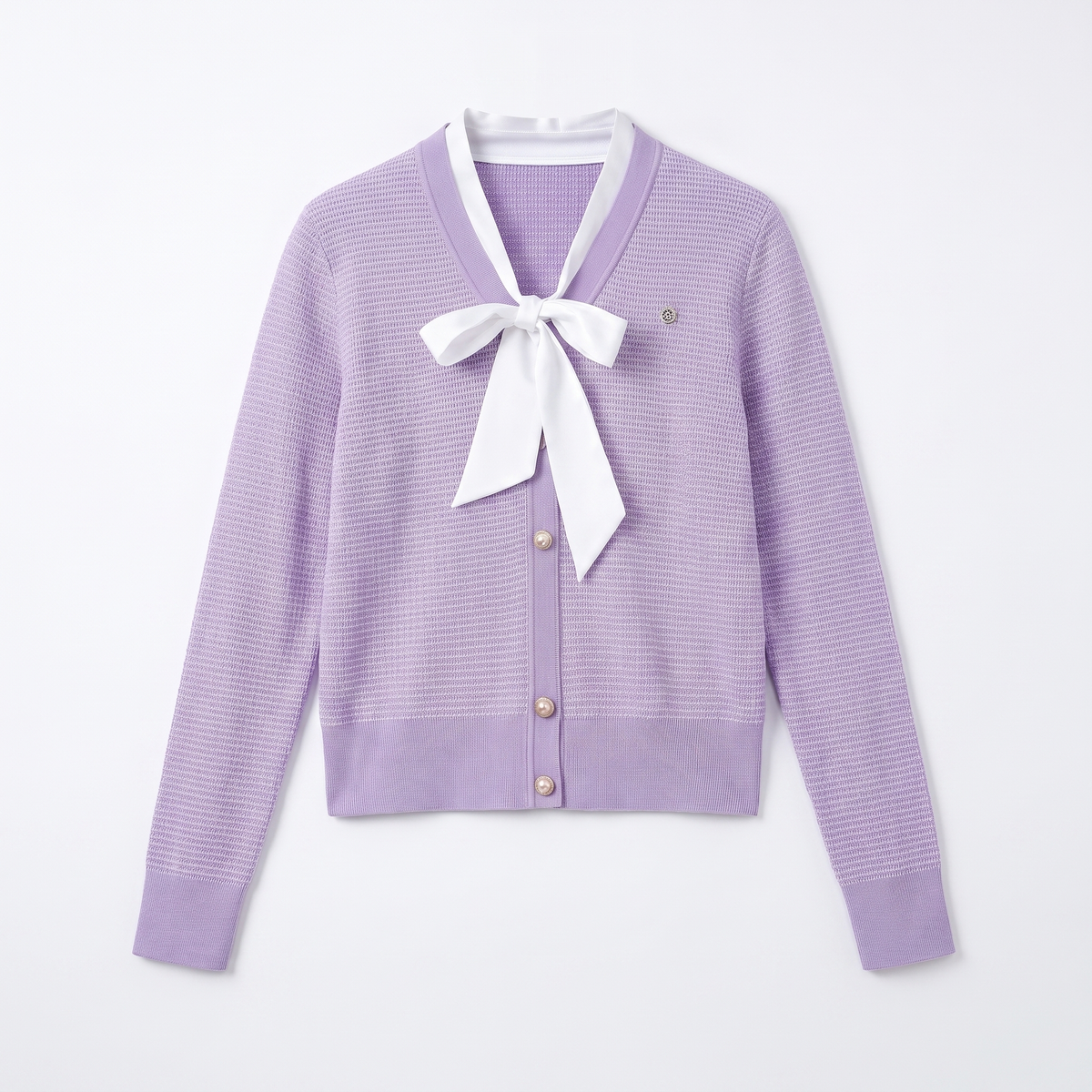 Women's cropped cardigan with a white bow at the V-neck and pearl-look buttons