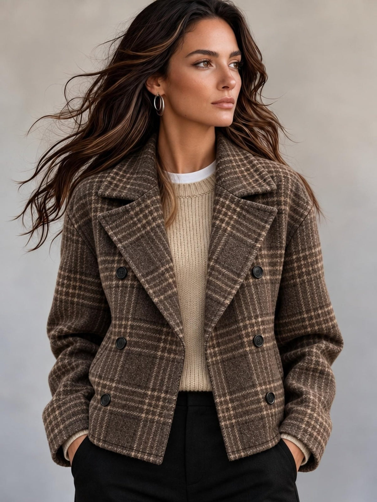 Cropped check blazer for women in brown with double-breasted buttons - brown check