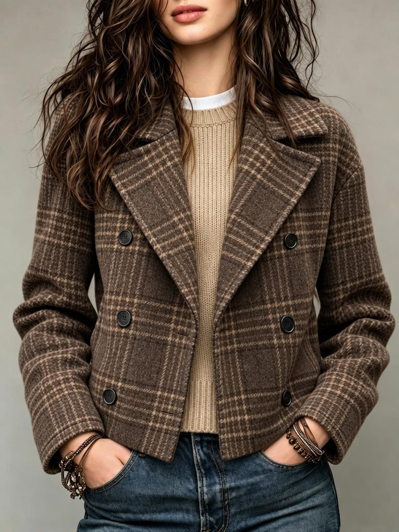 Cropped check blazer for women in brown with double-breasted buttons - view 2