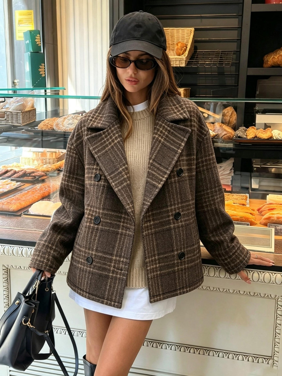 Cropped check blazer for women in brown with double-breasted buttons - view 8