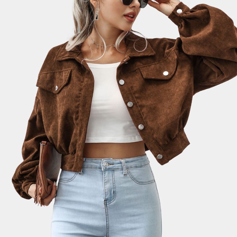 Women's cropped corduroy jacket with balloon sleeves and flap chest pockets - chocolate brown