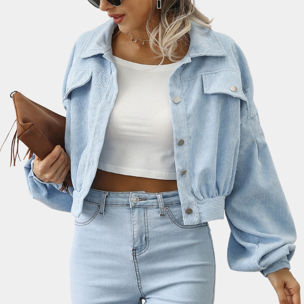 Women's cropped corduroy jacket with balloon sleeves and flap chest pockets - light blue