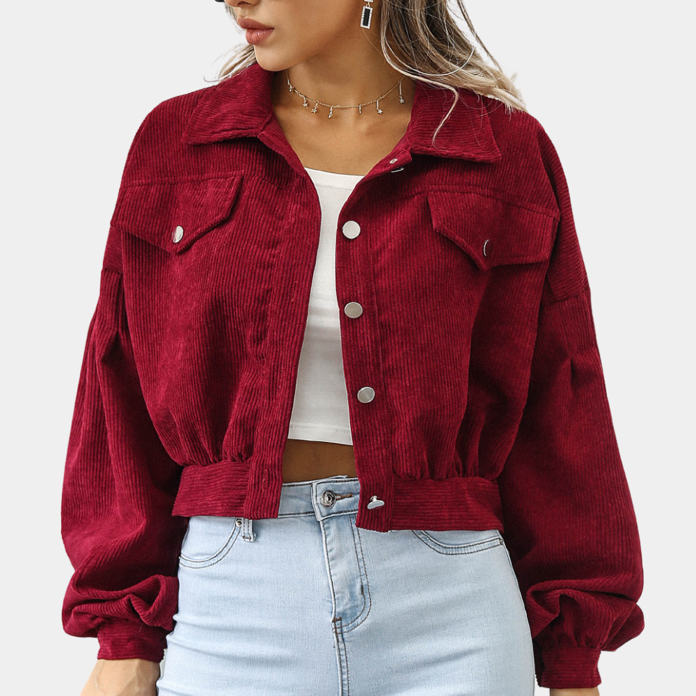 Women's cropped corduroy jacket with balloon sleeves and flap chest pockets - burgundy