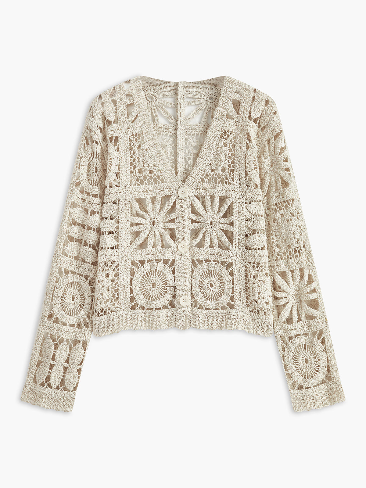Women's cropped crochet cardigan with openwork squares, V-neck and button front - ecru