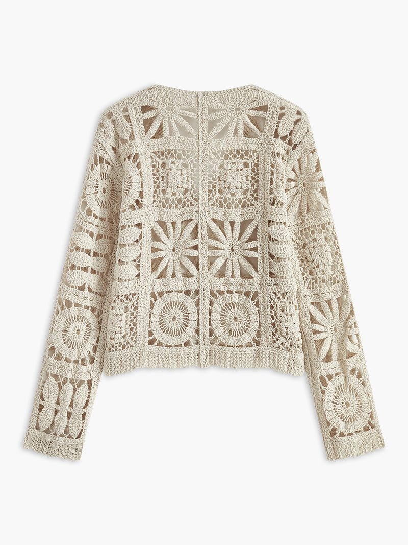 Women's cropped crochet cardigan with openwork squares, V-neck and button front