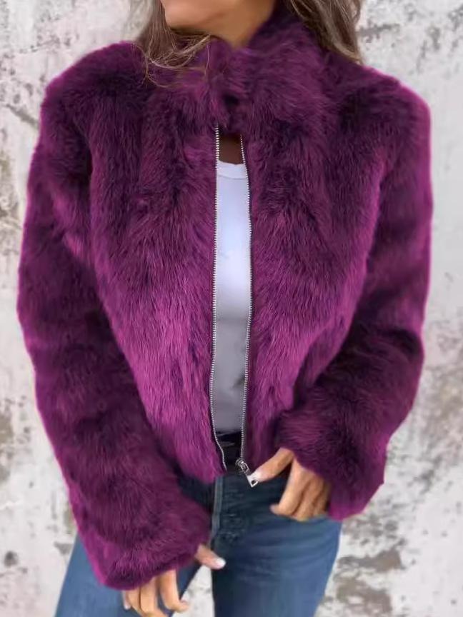 Women's cropped faux fur jacket with a stand collar and gold-tone zip - purple