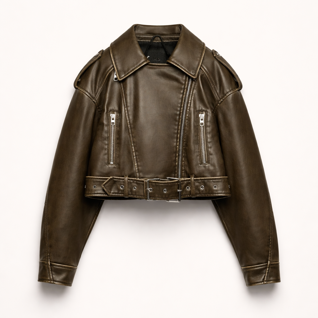Women's cropped faux leather biker jacket with an off-centre zip and buckle belt - olive brown