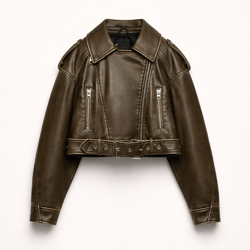 Women's cropped faux leather biker jacket with an off-centre zip and buckle belt - olive brown