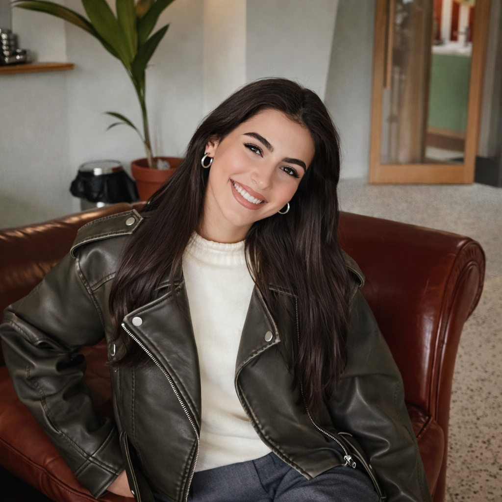 Women's cropped faux leather biker jacket with an off-centre zip and buckle belt