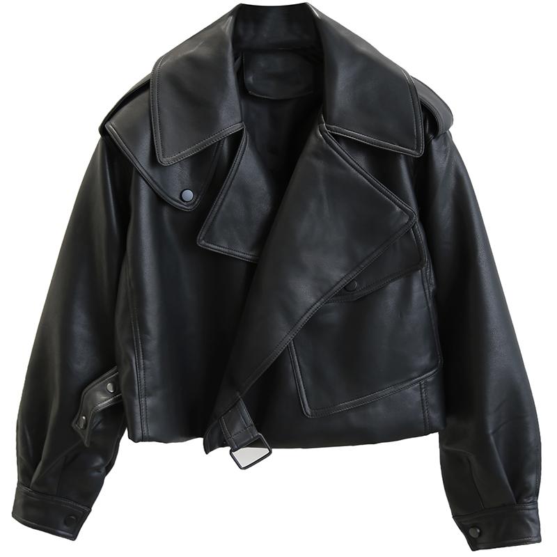 Women's cropped faux leather biker jacket with a wide collar and buckle - black