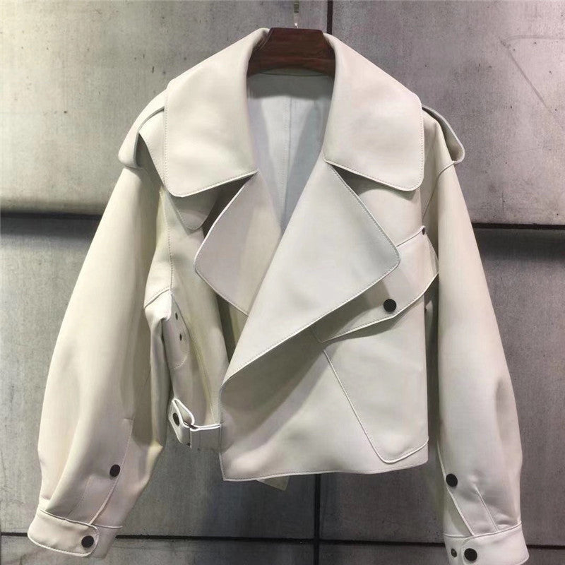Women's cropped faux leather biker jacket with a wide collar and buckle - off-white
