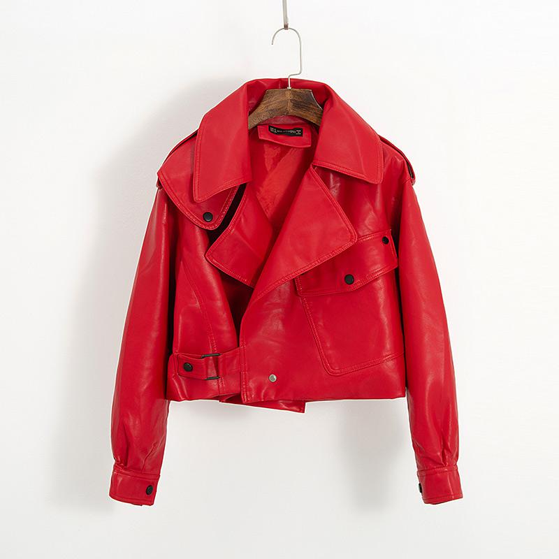 Women's cropped faux leather biker jacket with a wide collar and buckle - red