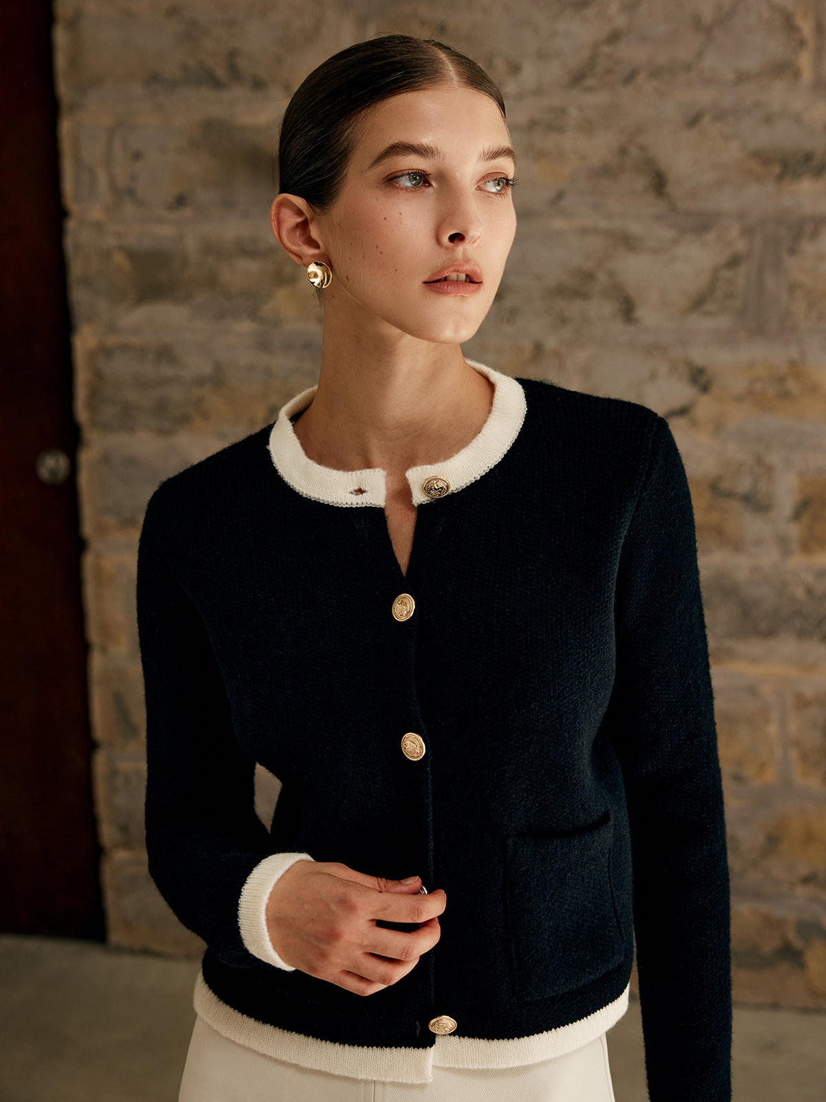 Women's cropped knit cardigan with contrast trims and gold-tone buttons