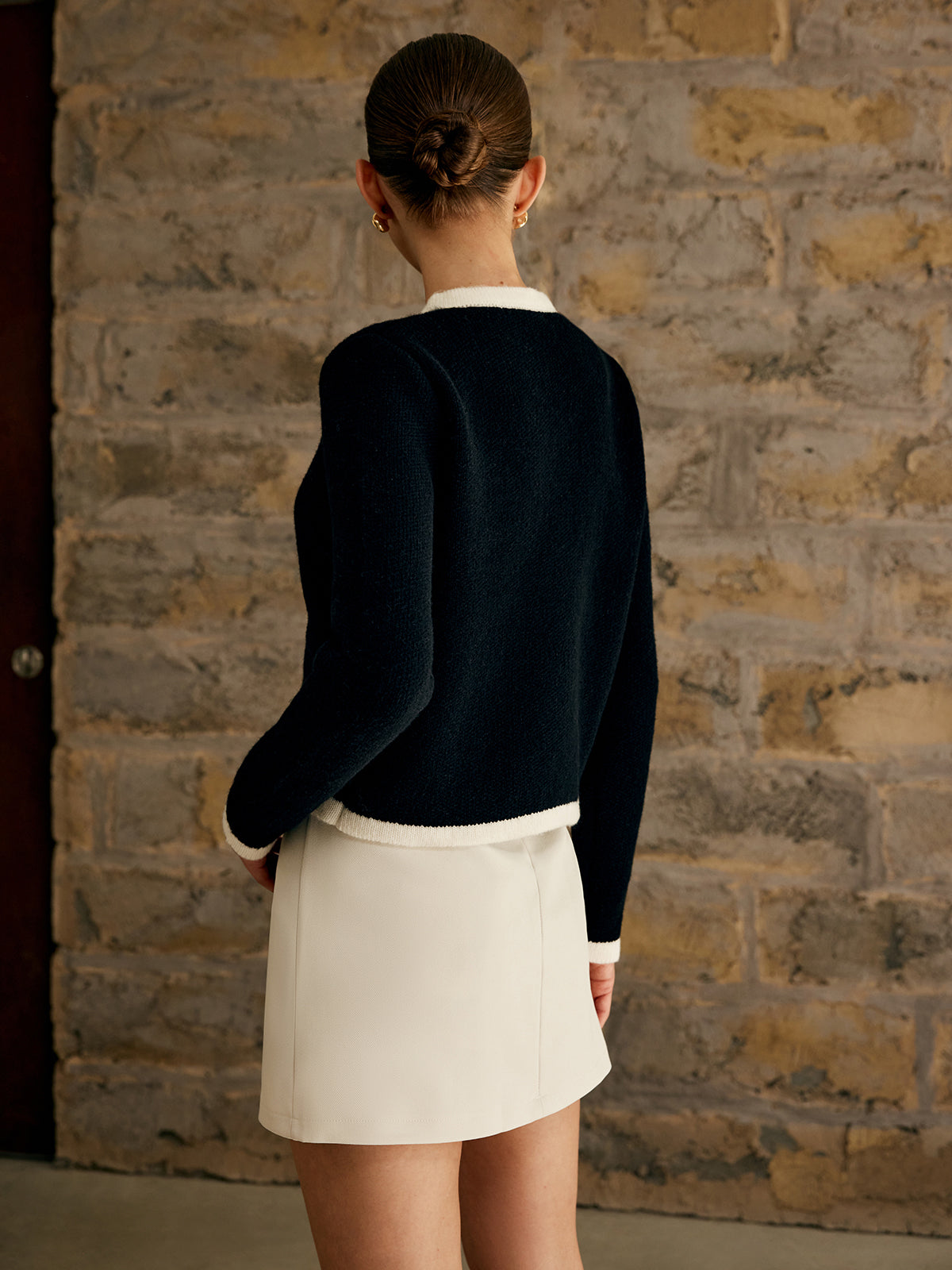 Women's cropped knit cardigan with contrast trims and gold-tone buttons