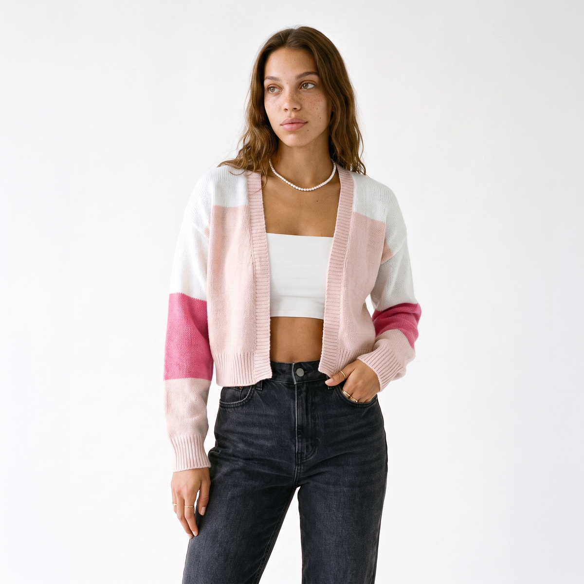 Women's cropped open-front cardigan in colour block knit with balloon sleeves - pink
