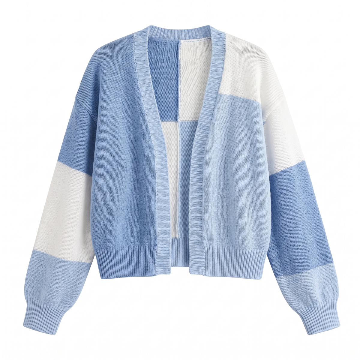Women's cropped open-front cardigan in colour block knit with balloon sleeves