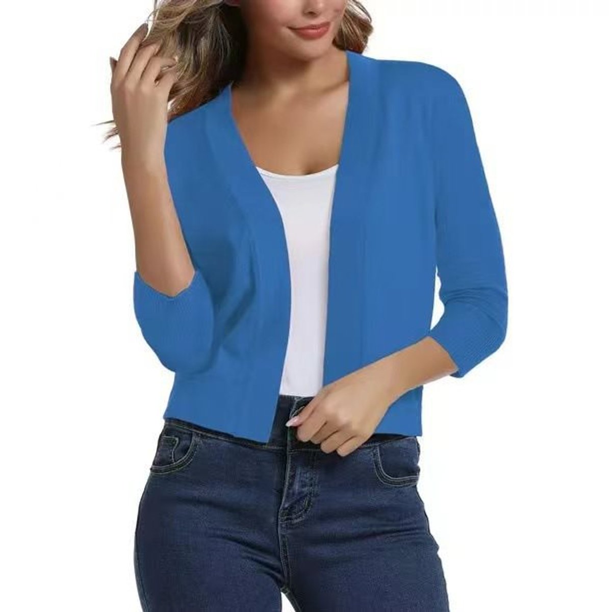 Women's cropped open front cardigan in a fine knit with three-quarter sleeves - blue