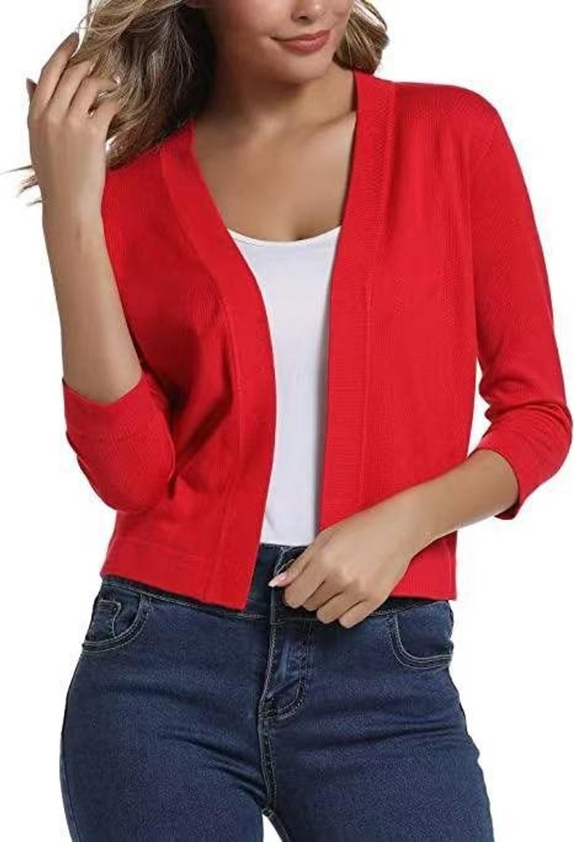 Women's cropped open front cardigan in a fine knit with three-quarter sleeves - red