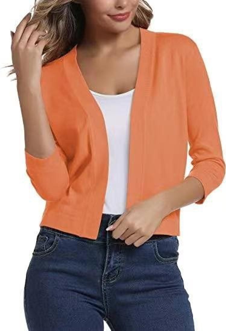 Women's cropped open front cardigan in a fine knit with three-quarter sleeves - orange