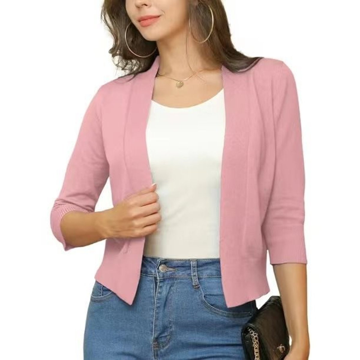 Women's cropped open front cardigan in a fine knit with three-quarter sleeves - pink