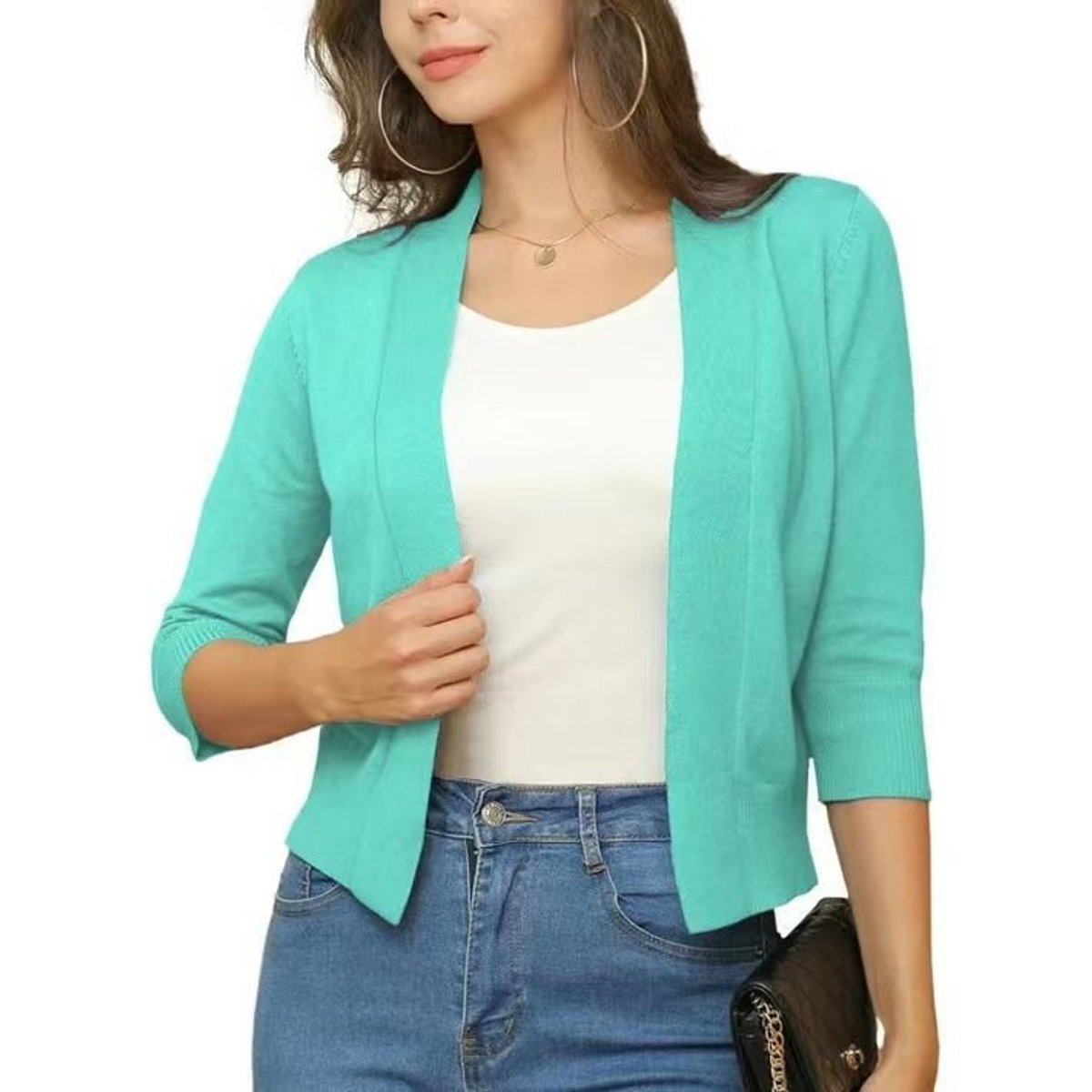 Women's cropped open front cardigan in a fine knit with three-quarter sleeves - mint green