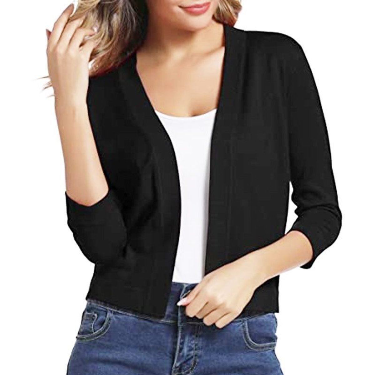 Women's cropped open front cardigan in a fine knit with three-quarter sleeves