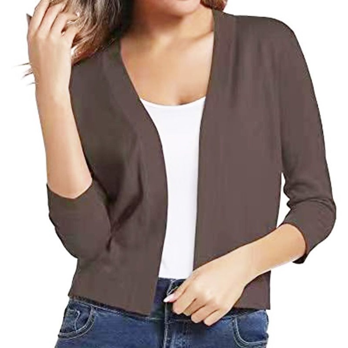 Women's cropped open front cardigan in a fine knit with three-quarter sleeves