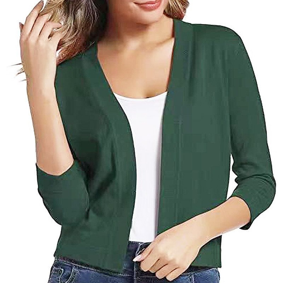 Women's cropped open front cardigan in a fine knit with three-quarter sleeves