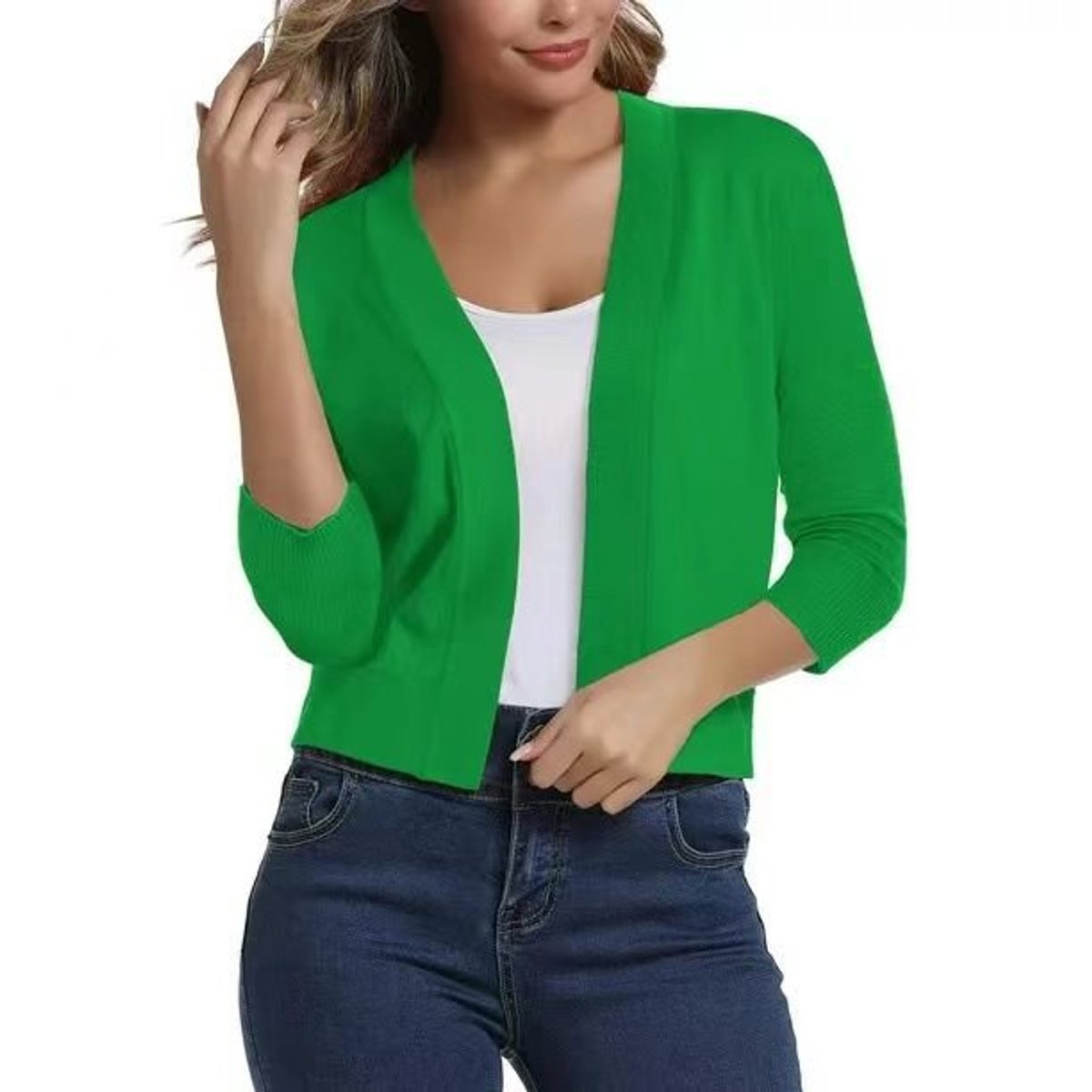 Women's cropped open front cardigan in a fine knit with three-quarter sleeves - green