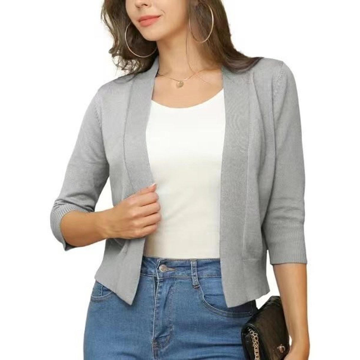 Women's cropped open front cardigan in a fine knit with three-quarter sleeves - light grey