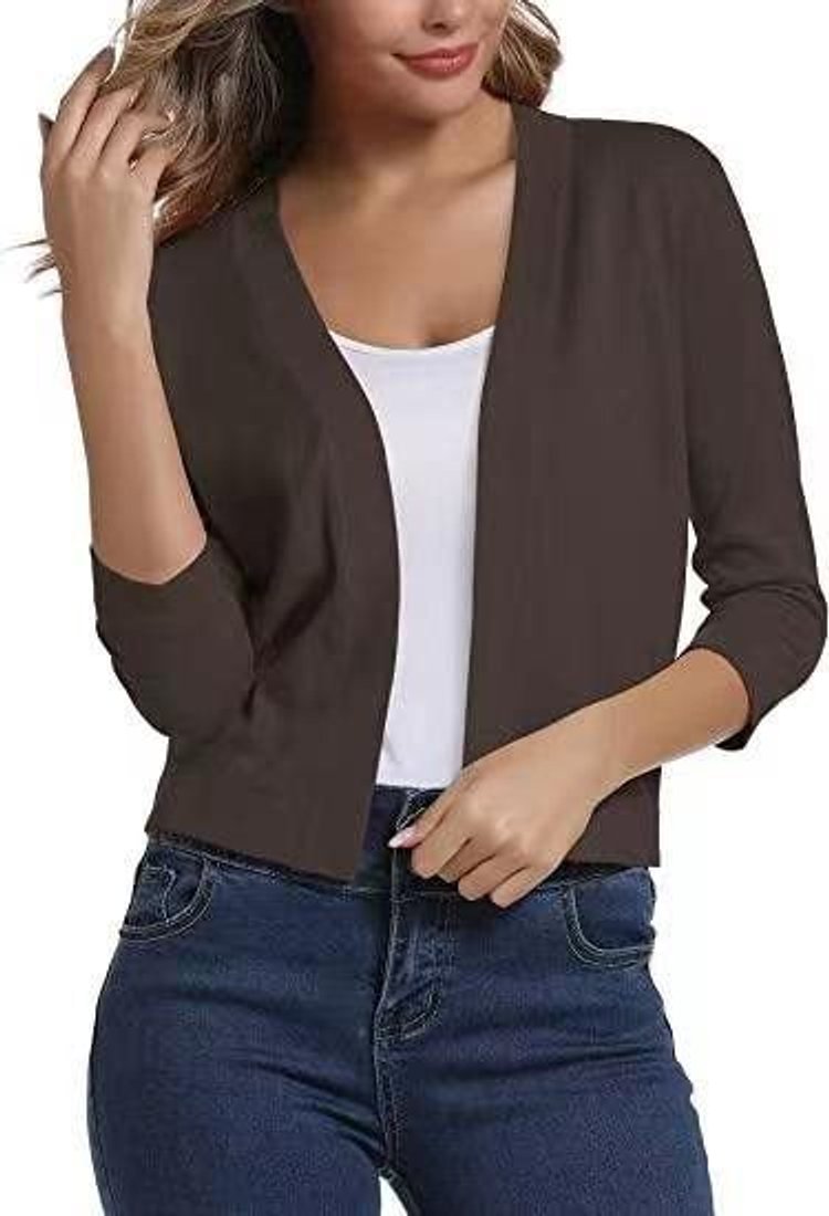 Women's cropped open front cardigan in a fine knit with three-quarter sleeves - brown