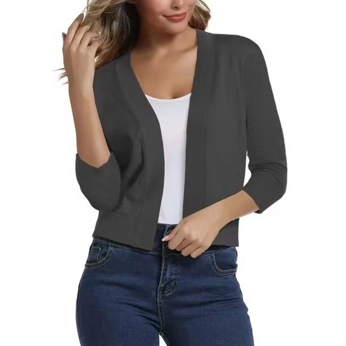 Women's cropped open front cardigan in a fine knit with three-quarter sleeves - charcoal