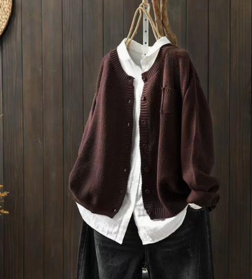 Women's cropped textured knit cardigan with a crew neck and chest pocket - dark brown