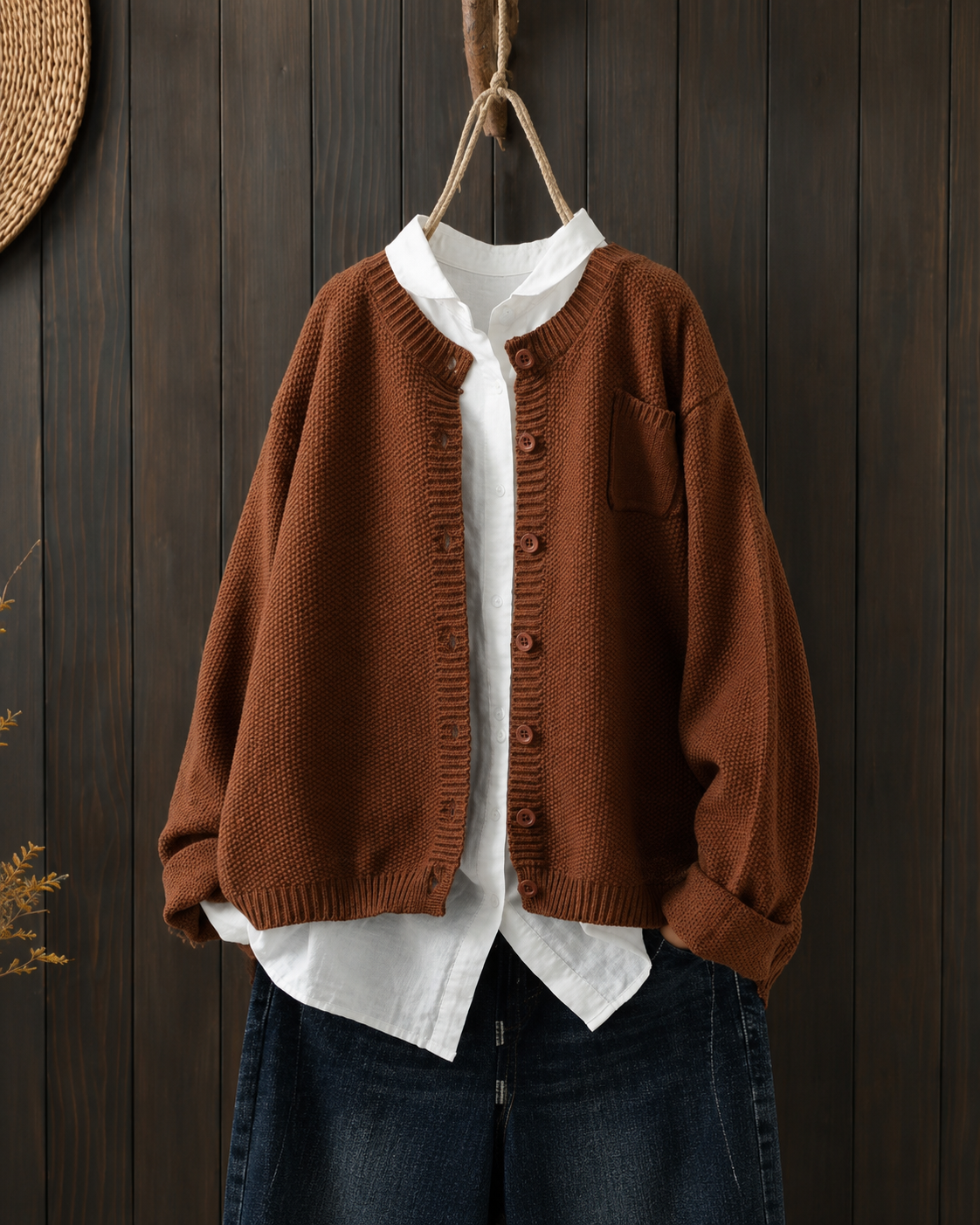 Women's cropped textured knit cardigan with a crew neck and chest pocket - rust
