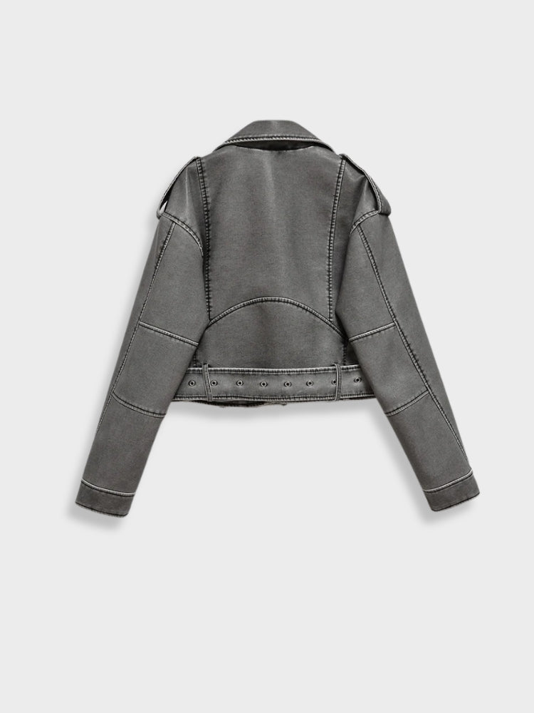 Women's cropped biker jacket in washed faux leather with an asymmetric zip and belt