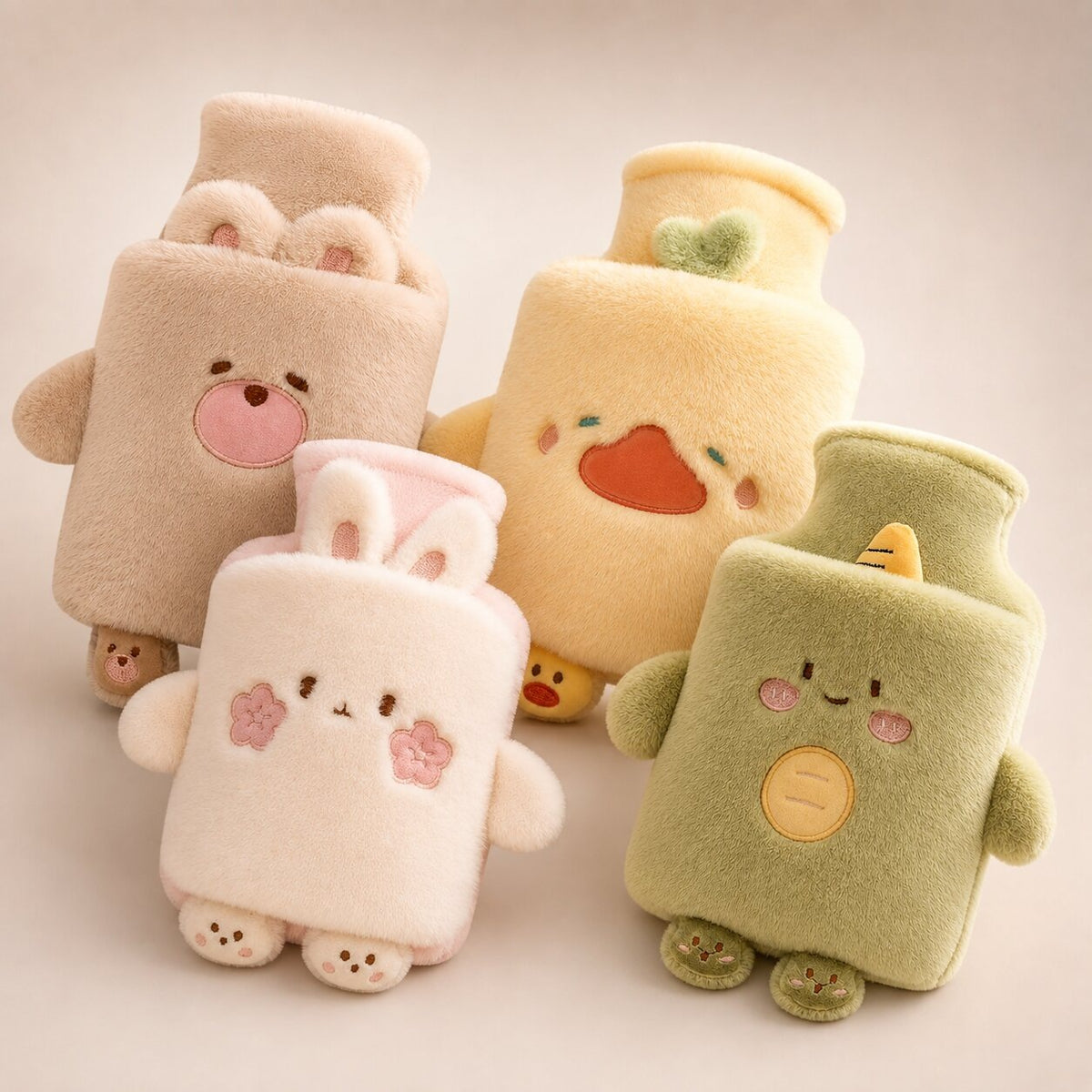 Hot water bottle with a cuddly animal cover with little arms and feet