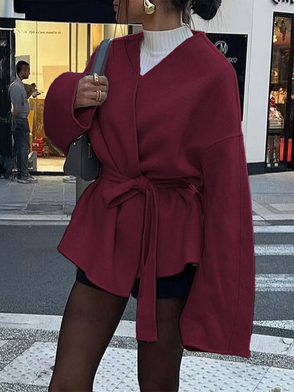 Short wrap coat with a deep V-neck and a self-tie belt in wine red