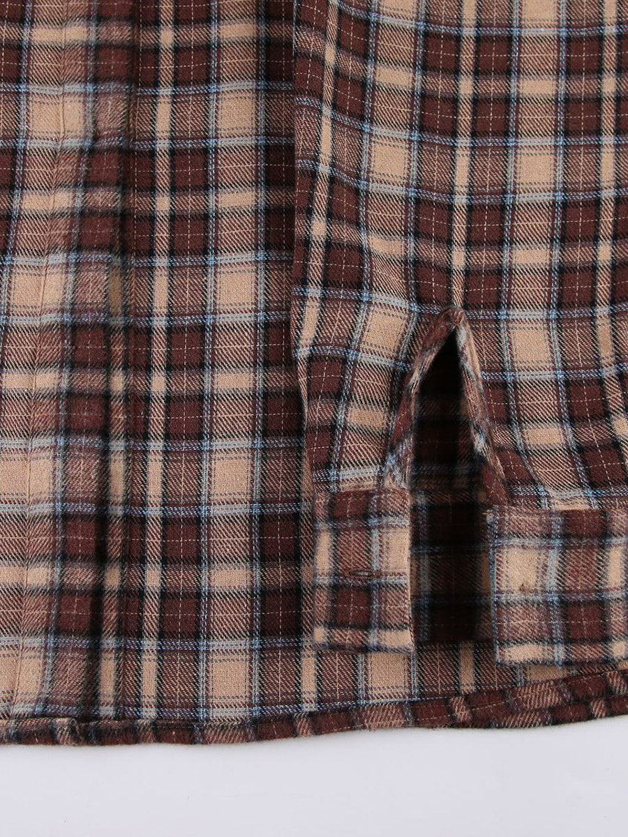 Oversized brown check shacket with a contrast collar and chest pockets