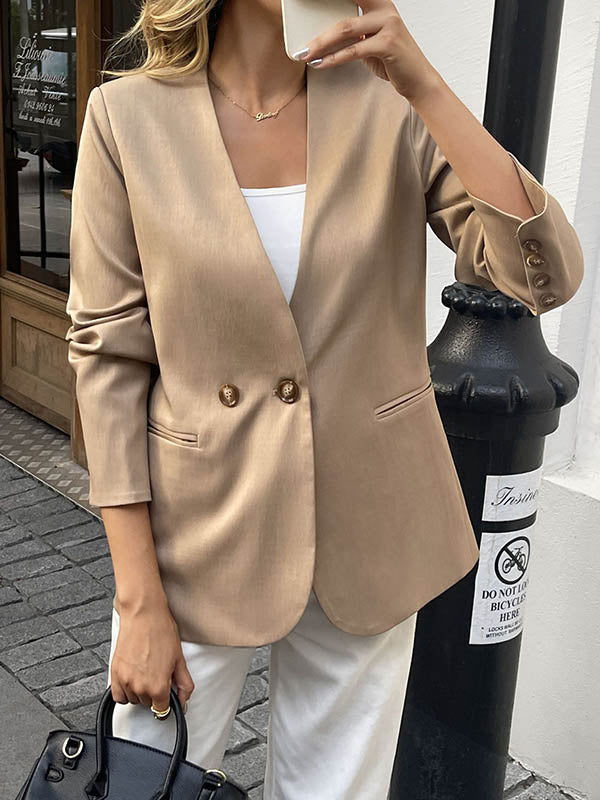 Khaki collarless blazer with a round neckline and two buttons