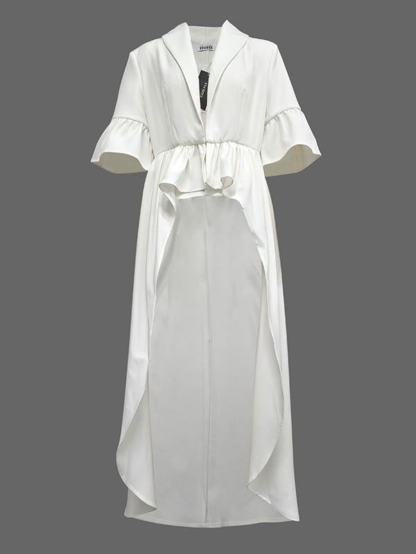 White longline blouse with a waist ruffle and flared half sleeves
