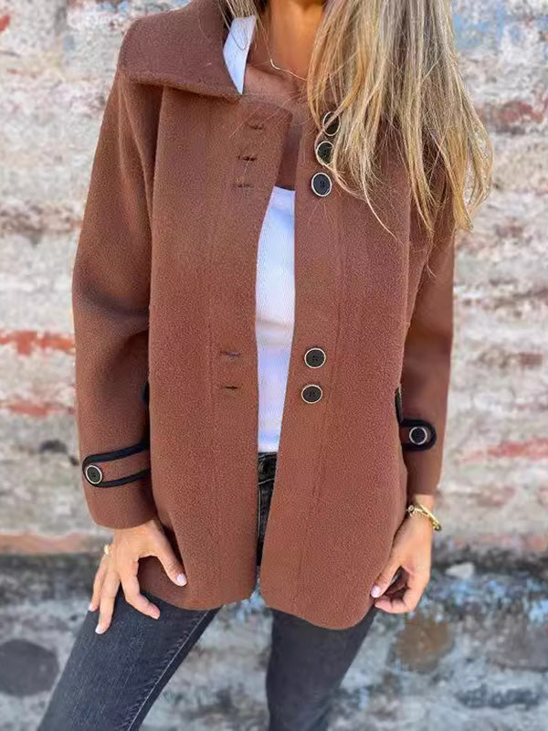 Soft knitted jacket with a wide fold-over collar and ring trims on the pockets in brown