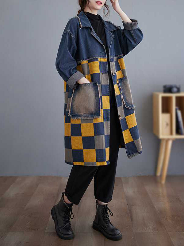 Longline denim jacket with a yellow and navy checkerboard panel