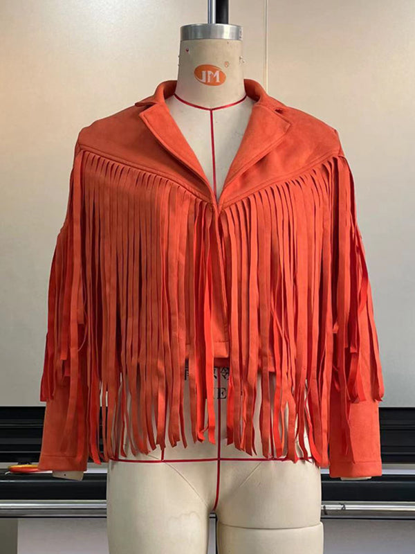Short fringed jacket with a notch lapel and open front