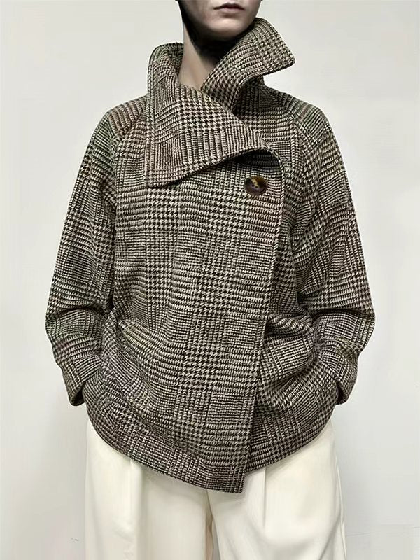 Houndstooth check jacket with an asymmetric front and fold-over collar in brown check