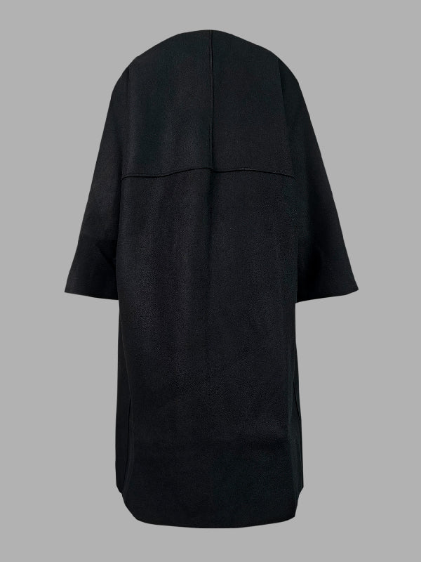 Collarless longline coat with dropped sleeves and an open front