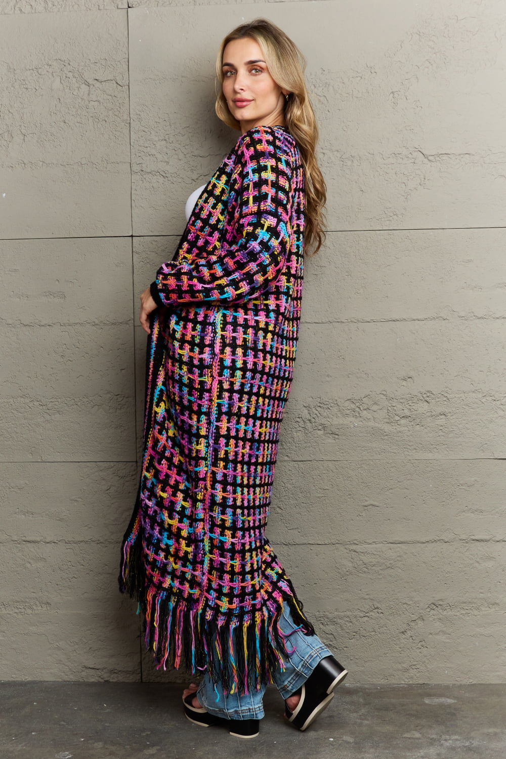 Women's longline fringe cardigan - detail