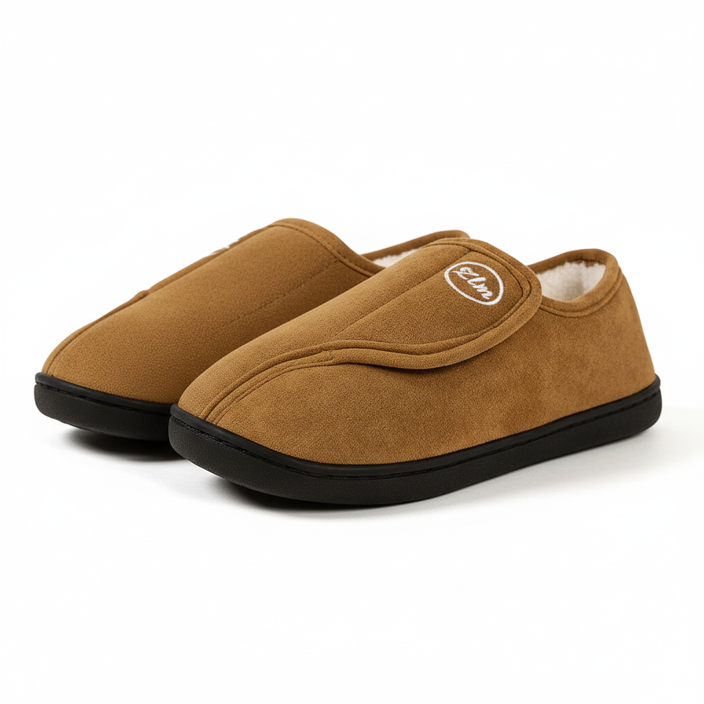 Unisex wide-fit slippers in a suede look with a touch-close strap and fleece lining in tan