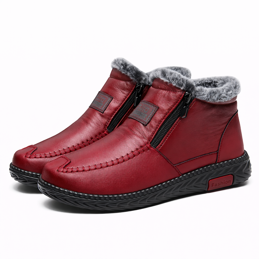 Leather-look ankle boots with a side zip and a thick faux fur lining in wine red