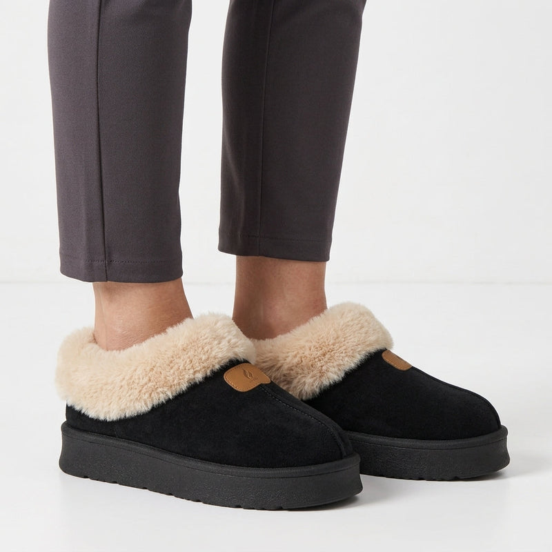 Women's platform slippers in a suede look with a fold-out faux fur collar