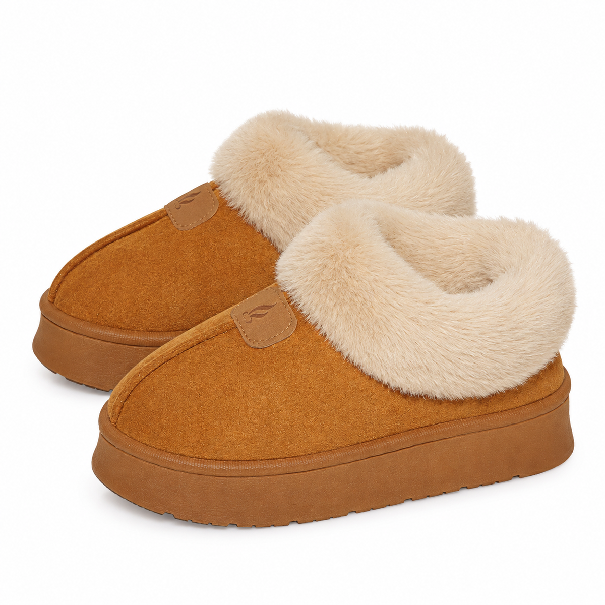 Women's platform slippers in a suede look with a fold-out faux fur collar in chestnut